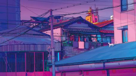 Neon Dusk Rooftops with Feline Companion wallpaper
