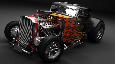Vintage Hot Rod with Fire Style Flames on Black Body wallpaper