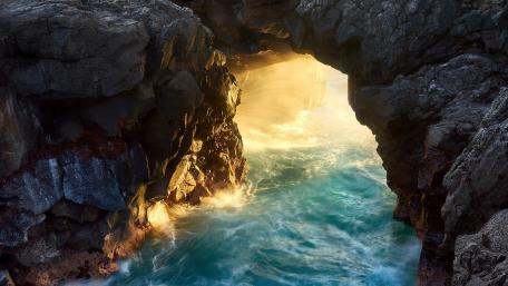 Majestic Sea Cave and Turquoise Waves wallpaper