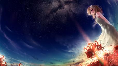 Enchanting Anime Night with Blossoms and Stars wallpaper