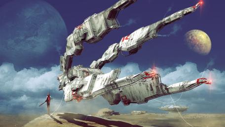 Futuristic Spaceship in a Daring Landscape wallpaper