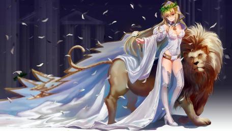 Majestic Warrior and Lion Companion Entwined in Fantasy wallpaper