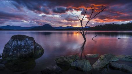Serene Sunset Over Tranquil Lake Landscape wallpaper