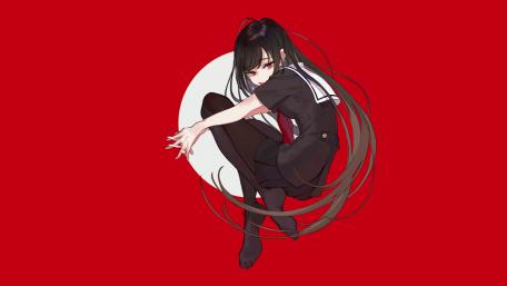 Mysterious Anime Schoolgirl on Red wallpaper
