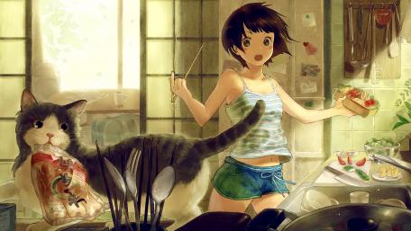 Cozy Kitchen Adventures with Anime Girl and Cat wallpaper