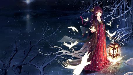 Enchanting Night with Lanterns and Birds wallpaper