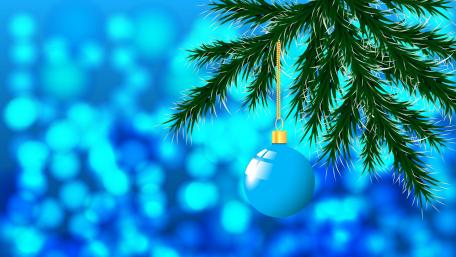 Blue Ornaments on Pine Branches Christmas Wallpaper wallpaper