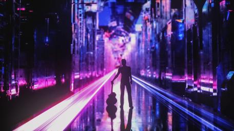 Neon Guitarist in Futuristic Cityscape wallpaper