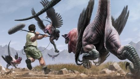 Daring Encounter with Dinosaurs in Fantasy Art wallpaper