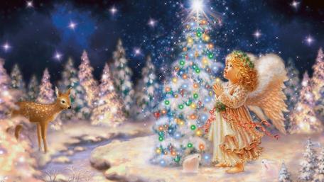 Enchanting Christmas Angel and Tree Wallpaper wallpaper
