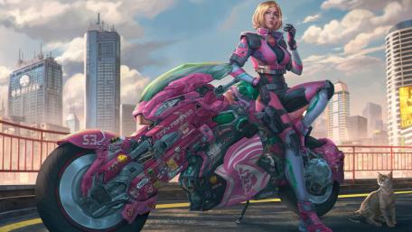 Cyberpunk Biker Girl in Futuristic Cityscape wallpaper