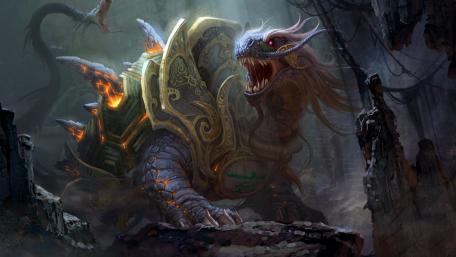 Epic Fantasy Realm Featuring a Majestic Giant Turtle Creature wallpaper