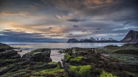 Majestic Coastal Serenity with Snowy Peaks wallpaper