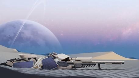 Futuristic Sniper in a Cosmic Desert Scene wallpaper