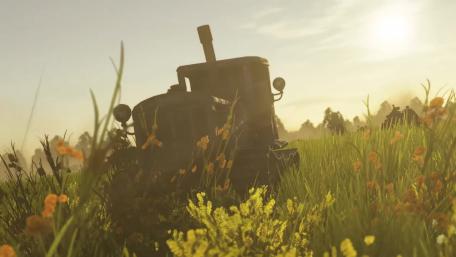 Historic Tractor in Sunlit Battlefield Scene wallpaper
