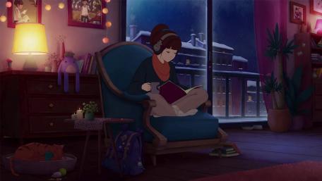 Lo-fi Girl Reading in Cozy Anime Room wallpaper