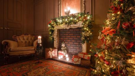 Festive Christmas Living Room Decorated for Celebration wallpaper