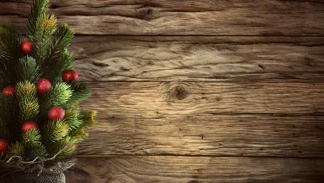 Cozy Christmas Tree on Rustic Wood Background wallpaper