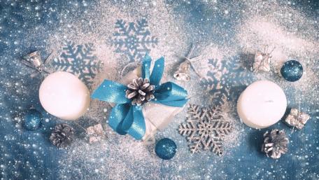 Blue Christmas Vibes with Decorations and Snowflakes wallpaper