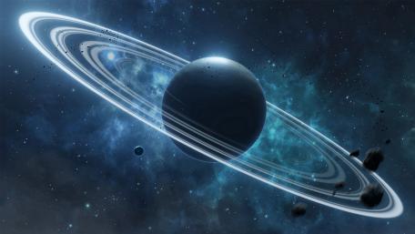 Majestic Ringed Ice Giant in Space wallpaper