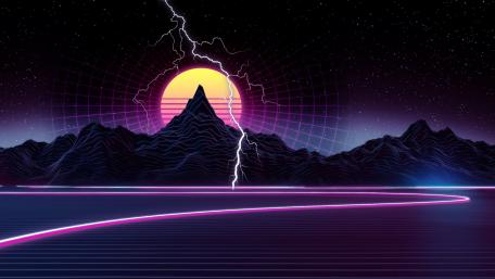 Neon Thunderstorm Over Synthwave Mountains wallpaper