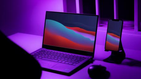 Neon Tech Workspace in Purple wallpaper