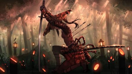 Samurai Warrior Maiden in Dusk's Embrace wallpaper