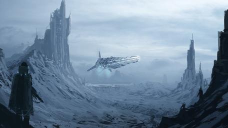 Futuristic Voyage Through a Sci-Fi Landscape wallpaper