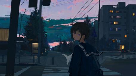 Urban Sunset Serenity with Anime Schoolgirl wallpaper