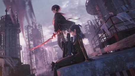Warrior Anime Girls at Industrial Factory wallpaper