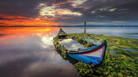 Tranquil Sunrise Over a Sunken Boat wallpaper