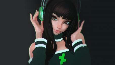Vibrant Anime Girl with Headphones in Dark Setting wallpaper