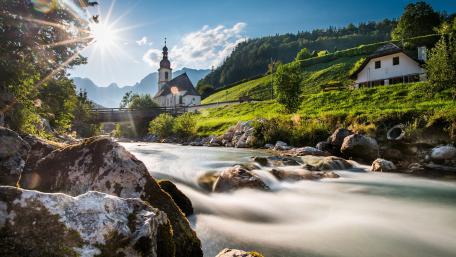 Ramsauer Ache and St. Sebastian Church (Berchtesgaden National Park) wallpaper