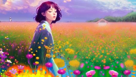 A beautiful short hair girl standing in a field of flowers with illuminated mystical sky wallpaper