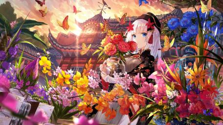 Anime Girl Amidst Colorful Spring Blooms wallpaper