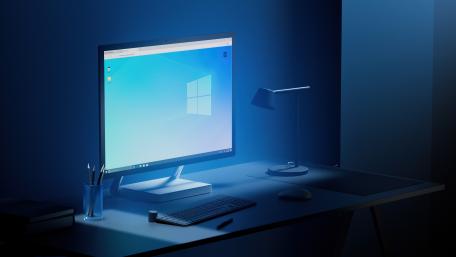 Modern Home Office Setup in Blue Hues wallpaper