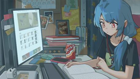 Serene Study Session with Blue-Haired Anime Girl wallpaper
