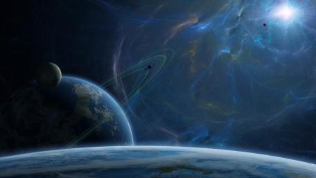 Vast Cosmos with Ringed Planet and Moon wallpaper