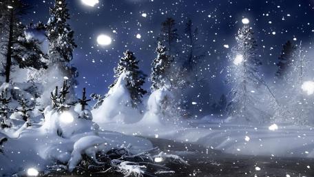 Enchanting Winter Night Scene Amidst Falling Snowflakes wallpaper