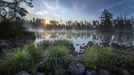 Misty River at Dawn Inspiring Calmness and Serenity in Nature wallpaper