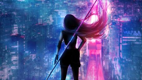 Neon Dreamscape with Anime Warrior wallpaper