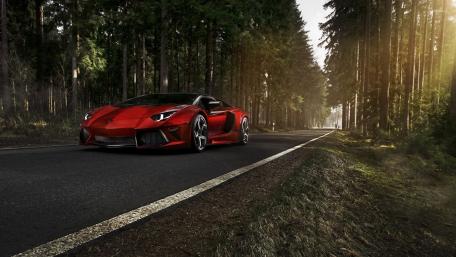 Red Lamborghini Aventador on a Serene Forest Road wallpaper