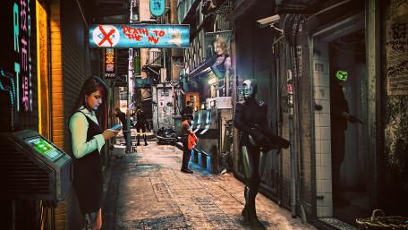 Cyberpunk Cityscape with Mysterious Characters in Alleyway wallpaper
