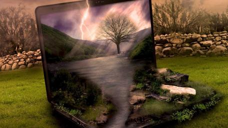 Mystical Laptop Landscape with Thunderstorm wallpaper
