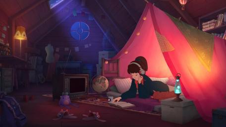 Cozy Lofi Anime Nighttime Reading Nook wallpaper
