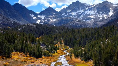 Majestic Mountain Landscape with Vibrant Forest Colors wallpaper