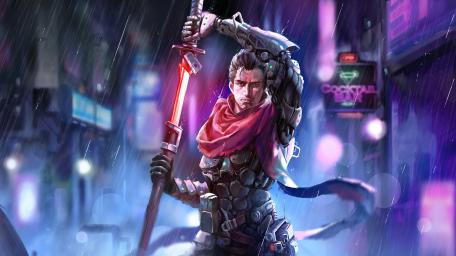 Cyborg Warrior Emerges in Neon Rain wallpaper