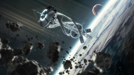 Futuristic Spaceship Amidst Asteroids and Planets in 4K Quality wallpaper