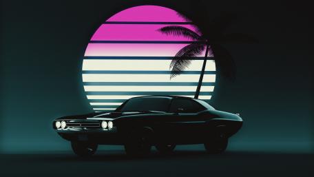 Vintage Muscle Car Under Neon Sunset wallpaper
