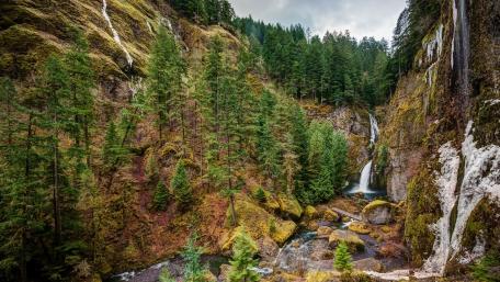 Majestic Waterfall in Serene Forest Landscape wallpaper